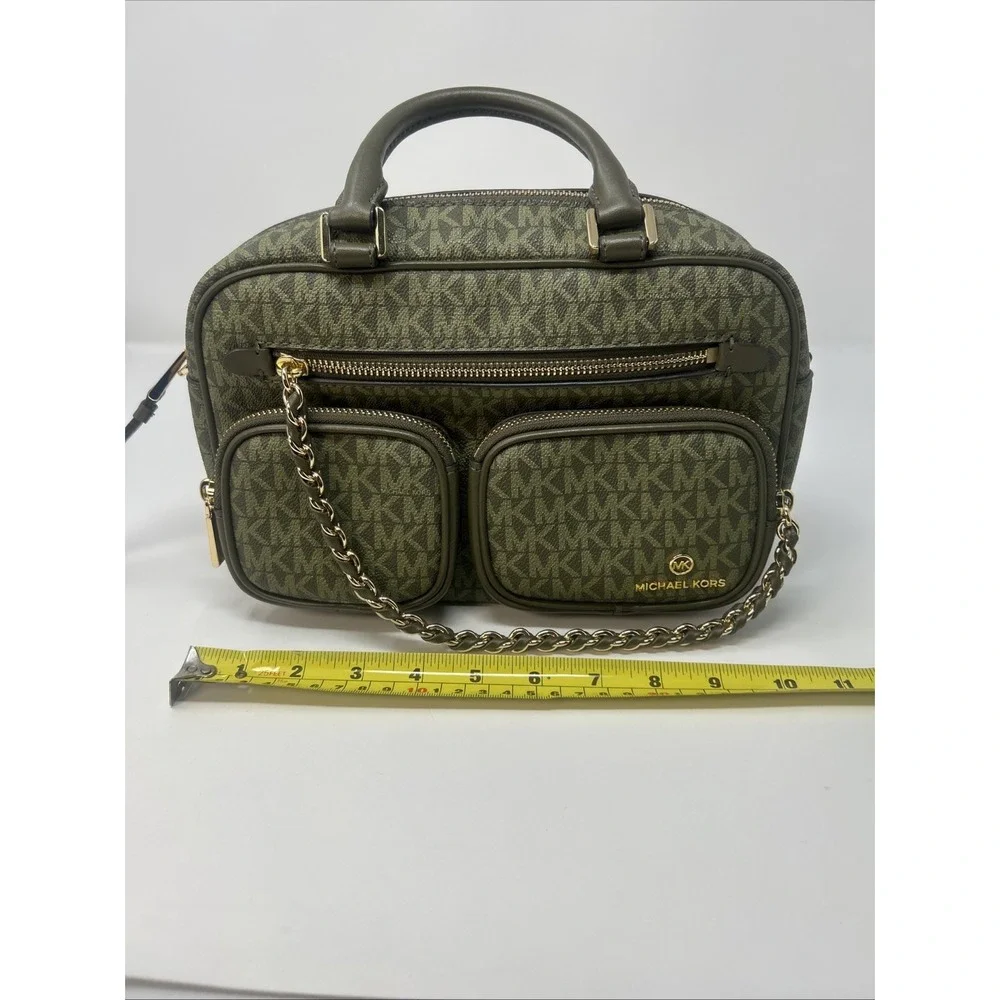 Michael Kors Olive Green Logo Messenger Bag Double Handle Gold Hardware Chain